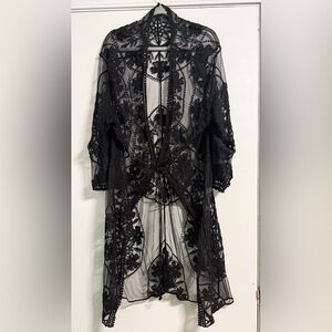 Sheer Black Lace Duster Kimono Cardigan Womens L Gothic Boho Festival Ready